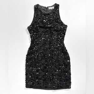 Little Black Silk & Sequin Beaded‎ Botanical Vine Formal Cocktail Mini Dress SM
